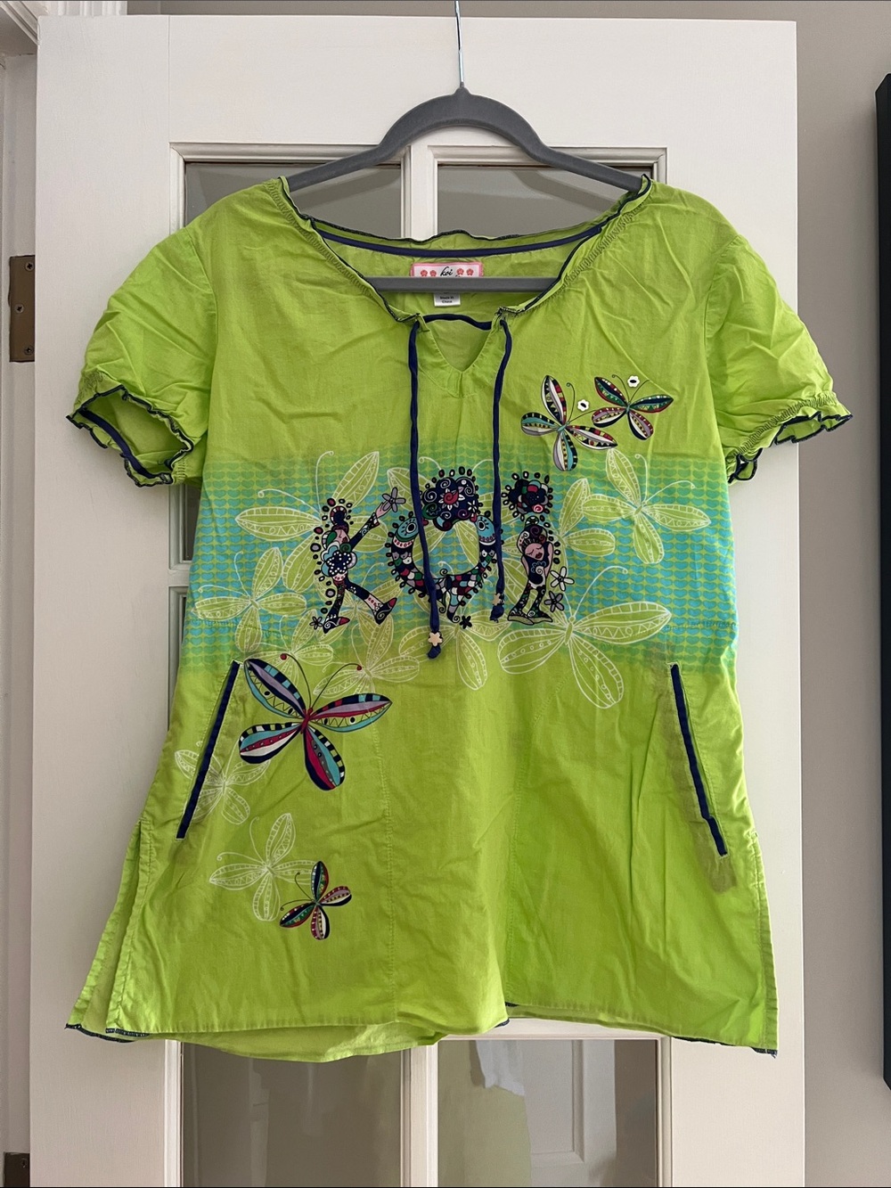 Koi Women’s Lime Green Embroidered Floral Drawstring Scrub Top